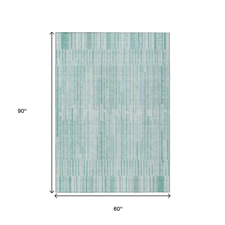 5' X 8' Turquoise And Pale Aqua Striped Washable Indoor Outdoor Area Rug