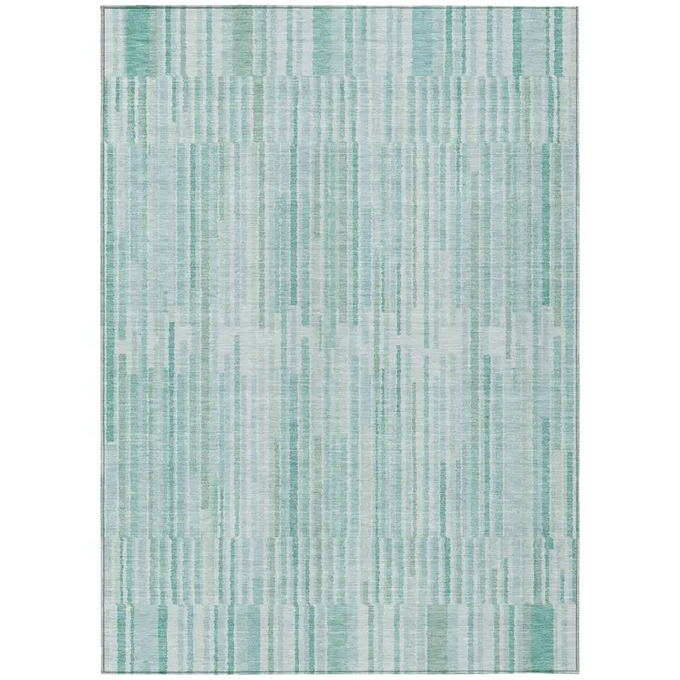 5' X 8' Turquoise And Pale Aqua Striped Washable Indoor Outdoor Area Rug