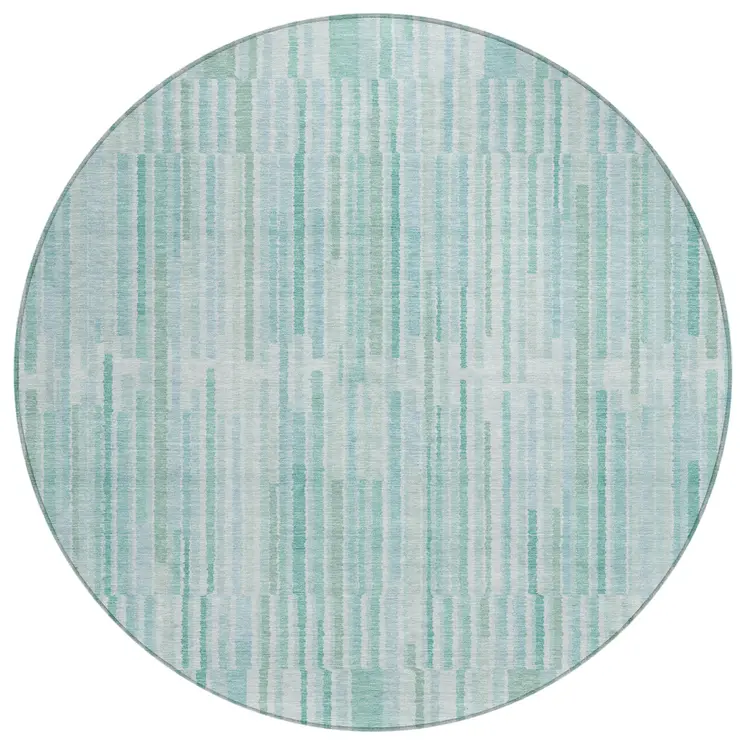 8' Turquoise And Pale Aqua Round Striped Washable Indoor Outdoor Area Rug