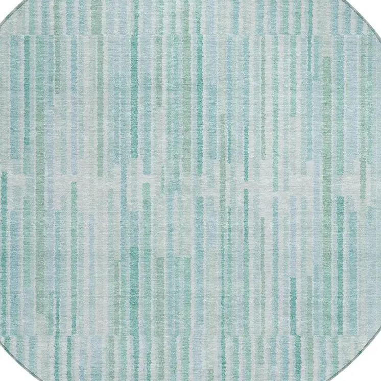 8' Turquoise And Pale Aqua Round Striped Washable Indoor Outdoor Area Rug