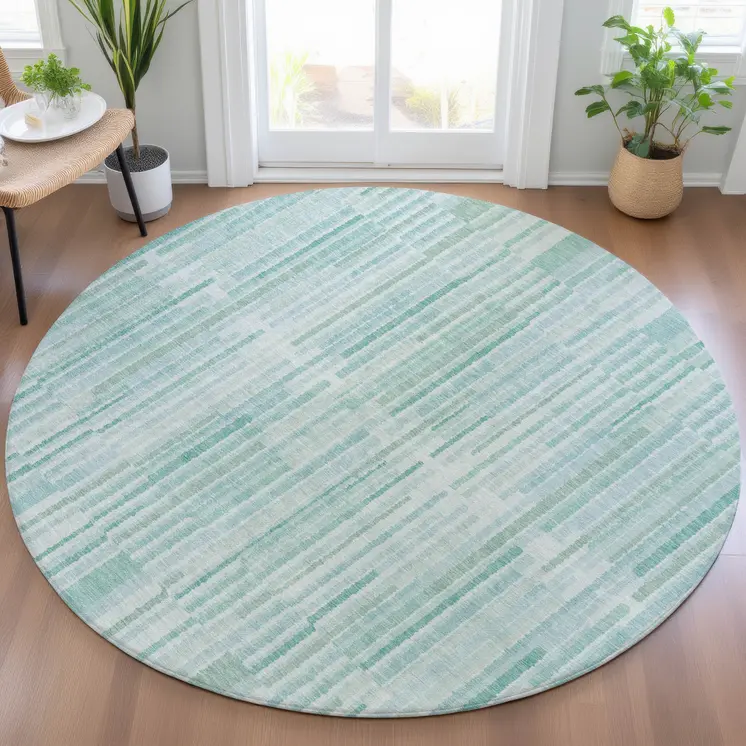 8' Turquoise And Pale Aqua Round Striped Washable Indoor Outdoor Area Rug