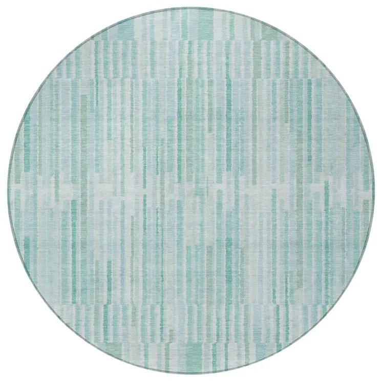 8' Turquoise And Pale Aqua Round Striped Washable Indoor Outdoor Area Rug