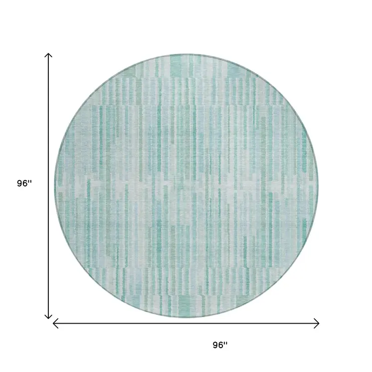 8' Turquoise And Pale Aqua Round Striped Washable Indoor Outdoor Area Rug