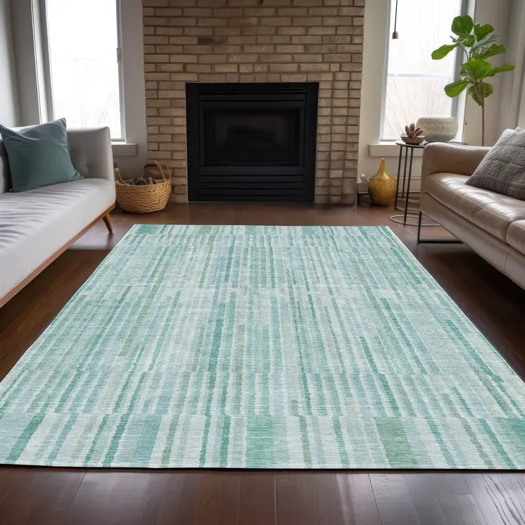 8' X 10' Turquoise And Pale Aqua Striped Washable Indoor Outdoor Area Rug
