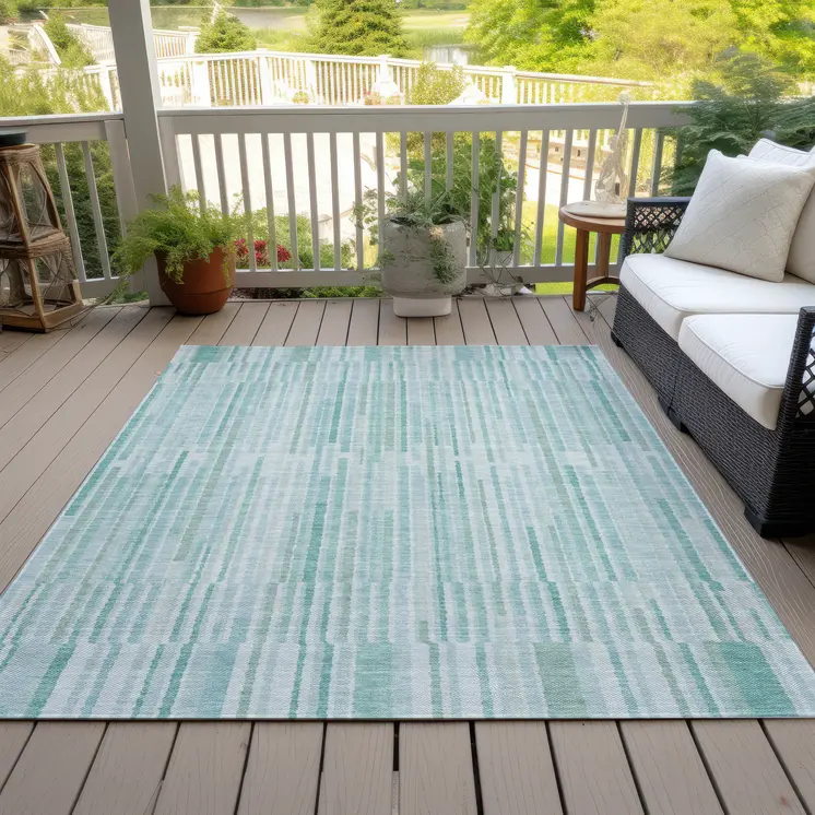 8' X 10' Turquoise And Pale Aqua Striped Washable Indoor Outdoor Area Rug