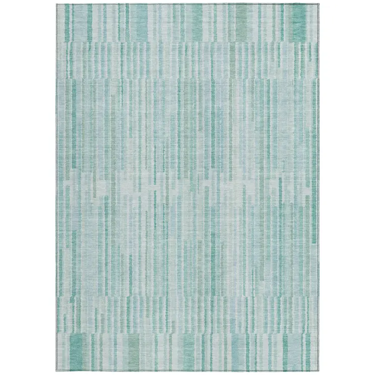 10' X 14' Turquoise And Pale Aqua Striped Washable Indoor Outdoor Area Rug