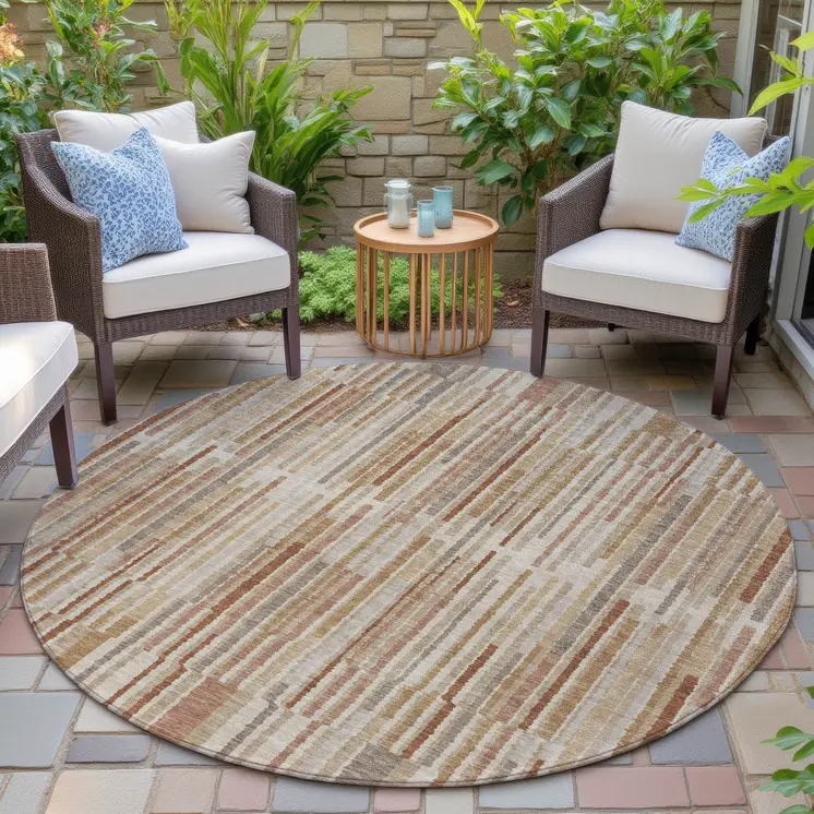 8' Terra Cotta And Beige Round Striped Washable Indoor Outdoor Area Rug