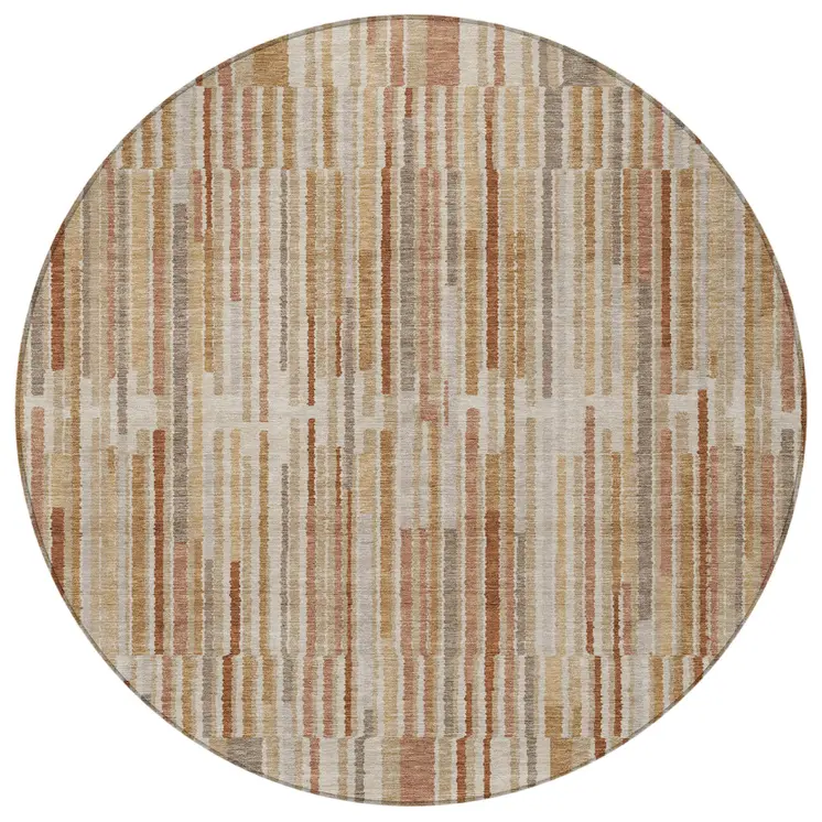 8' Terra Cotta And Beige Round Striped Washable Indoor Outdoor Area Rug