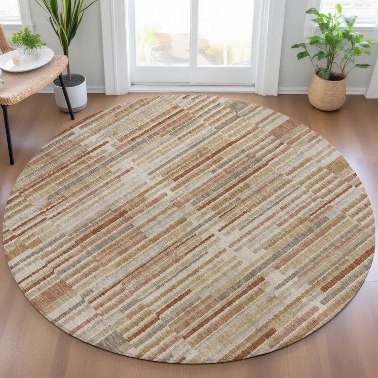 8' Terra Cotta And Beige Round Striped Washable Indoor Outdoor Area Rug