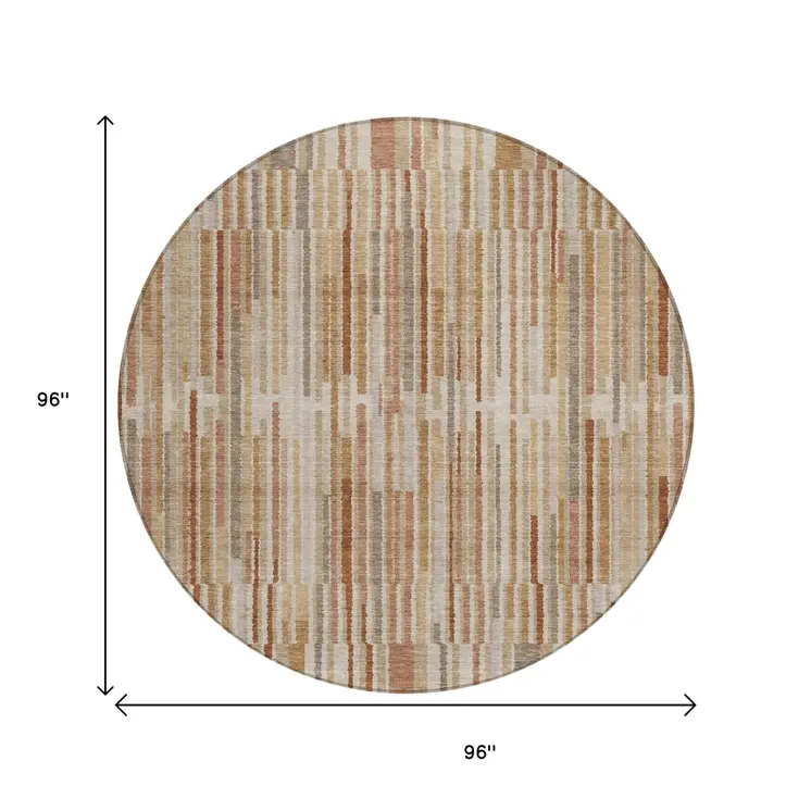 8' Terra Cotta And Beige Round Striped Washable Indoor Outdoor Area Rug