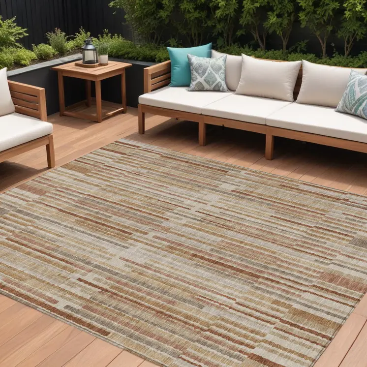 8' X 10' Terra Cotta And Beige Striped Washable Indoor Outdoor Area Rug