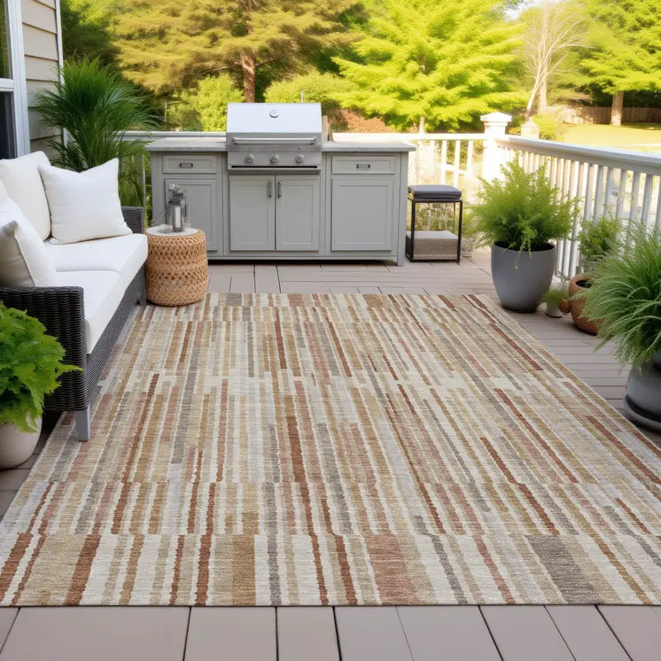 8' X 10' Terra Cotta And Beige Striped Washable Indoor Outdoor Area Rug