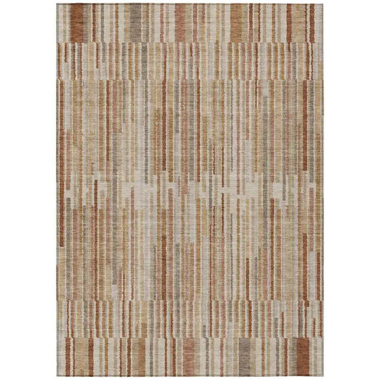 9' X 12' Terra Cotta And Beige Striped Washable Indoor Outdoor Area Rug