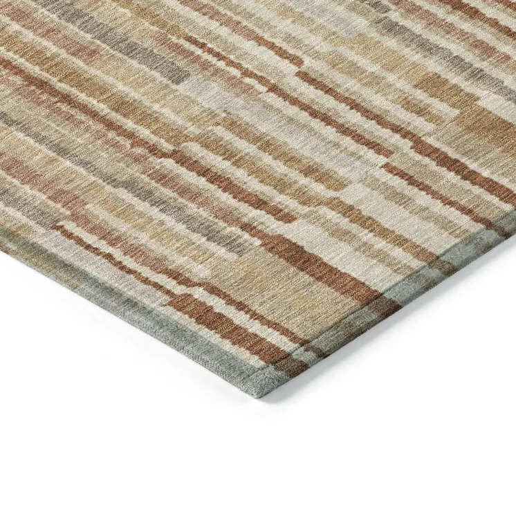 9' X 12' Terra Cotta And Beige Striped Washable Indoor Outdoor Area Rug