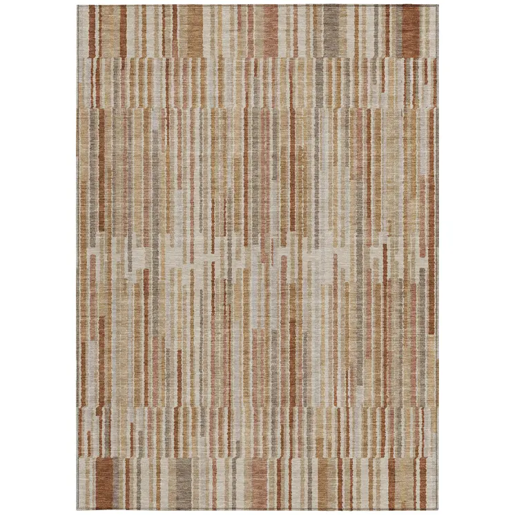 9' X 12' Terra Cotta And Beige Striped Washable Indoor Outdoor Area Rug