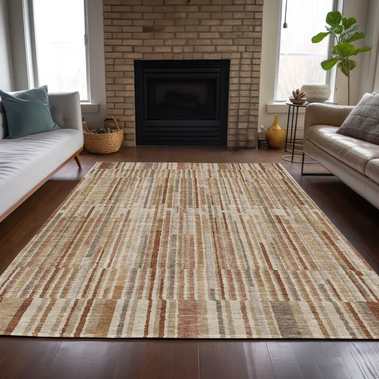 9' X 12' Terra Cotta And Beige Striped Washable Indoor Outdoor Area Rug