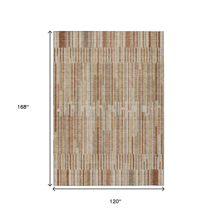 10' X 14' Terra Cotta And Beige Striped Washable Indoor Outdoor Area Rug