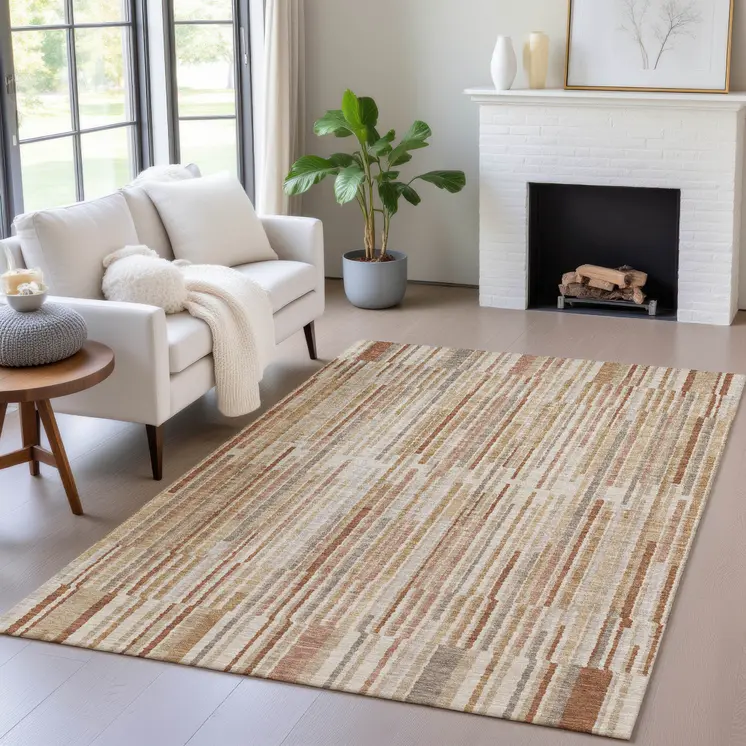 10' X 14' Terra Cotta And Beige Striped Washable Indoor Outdoor Area Rug