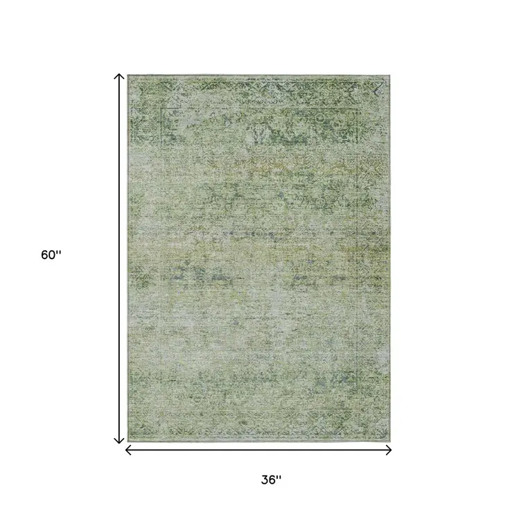 3' X 5' Artichoke Green And Ivory Abstract Washable Indoor Outdoor Area Rug