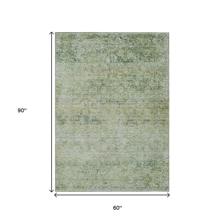 5' X 8' Artichoke Green And Ivory Abstract Washable Indoor Outdoor Area Rug