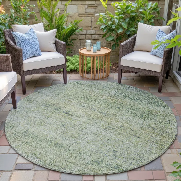 8' Artichoke Green And Ivory Round Abstract Washable Indoor Outdoor Area Rug