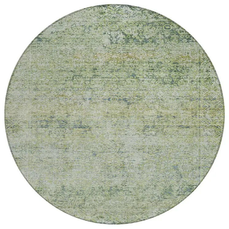 8' Artichoke Green And Ivory Round Abstract Washable Indoor Outdoor Area Rug