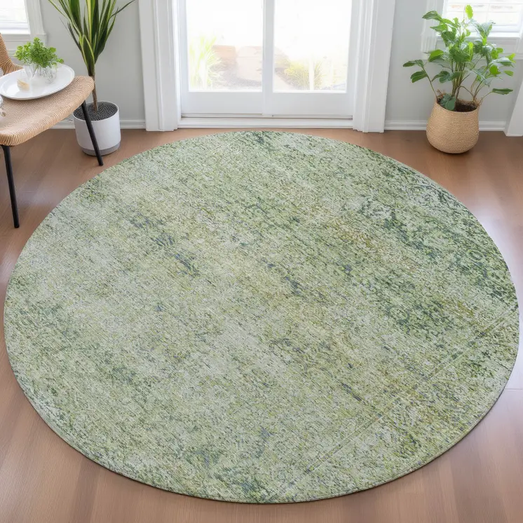 8' Artichoke Green And Ivory Round Abstract Washable Indoor Outdoor Area Rug