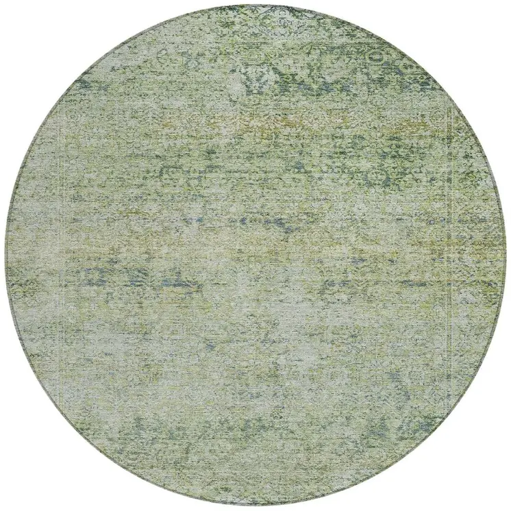 8' Artichoke Green And Ivory Round Abstract Washable Indoor Outdoor Area Rug