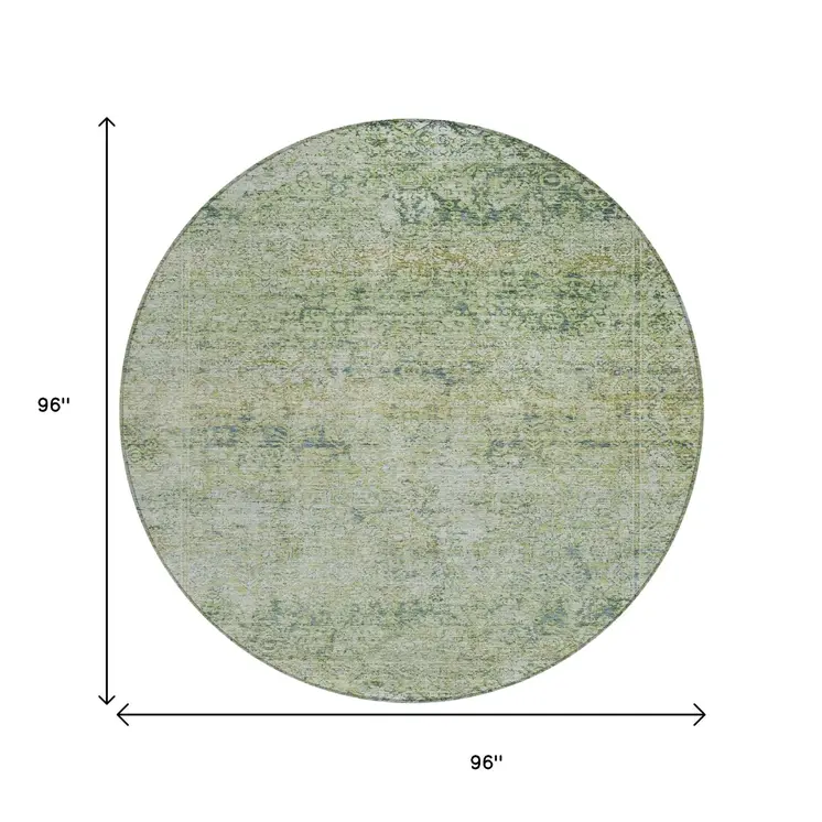 8' Artichoke Green And Ivory Round Abstract Washable Indoor Outdoor Area Rug