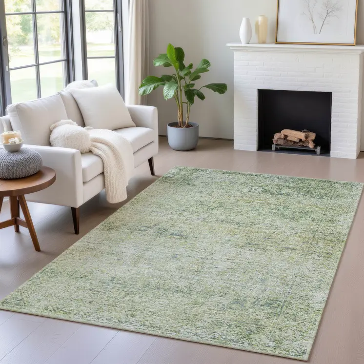 8' X 10' Artichoke Green And Ivory Abstract Washable Indoor Outdoor Area Rug