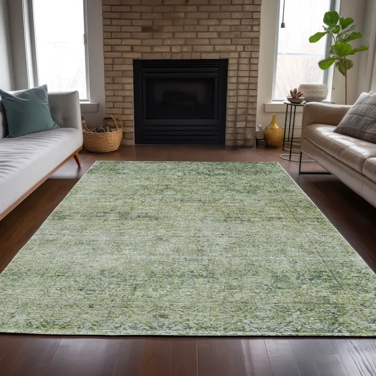8' X 10' Artichoke Green And Ivory Abstract Washable Indoor Outdoor Area Rug
