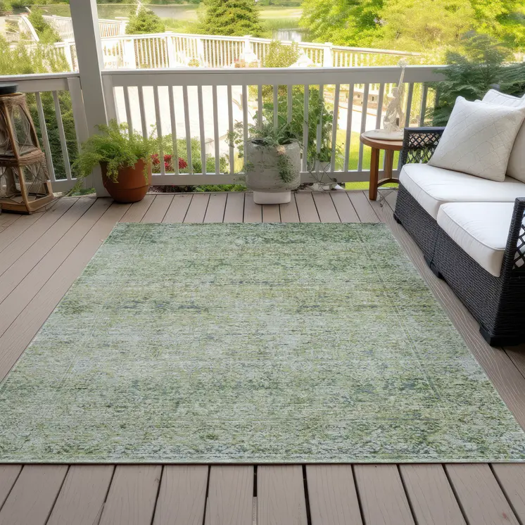8' X 10' Artichoke Green And Ivory Abstract Washable Indoor Outdoor Area Rug