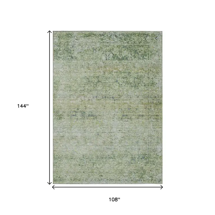 9' X 12' Artichoke Green And Ivory Abstract Washable Indoor Outdoor Area Rug