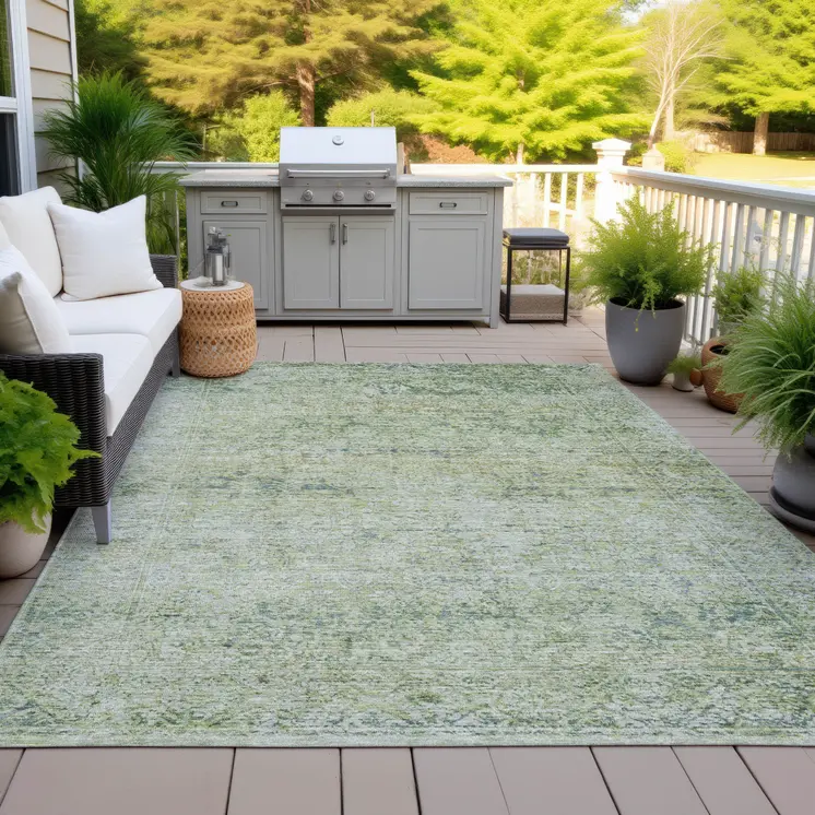 10' X 14' Artichoke Green And Ivory Abstract Washable Indoor Outdoor Area Rug