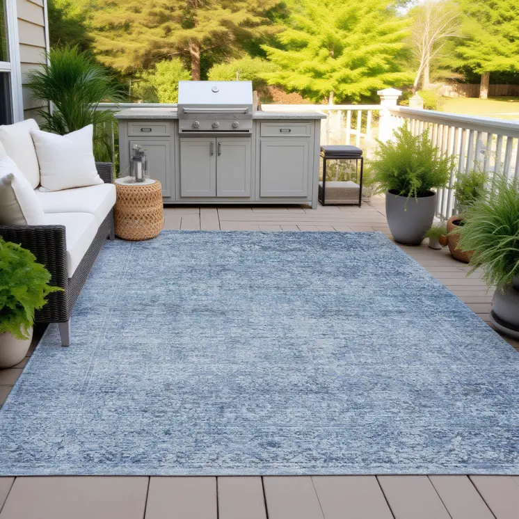 5' X 8' Blue And Ivory Abstract Washable Indoor Outdoor Area Rug