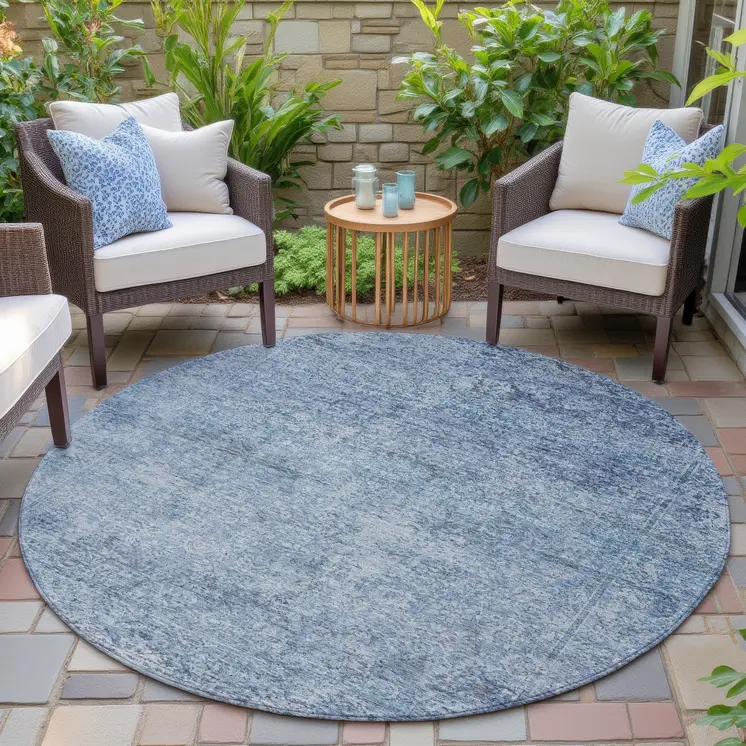 8' Blue And Ivory Round Abstract Washable Indoor Outdoor Area Rug