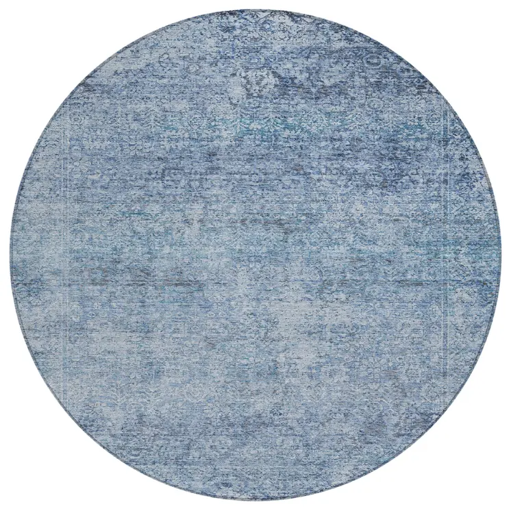 8' Blue And Ivory Round Abstract Washable Indoor Outdoor Area Rug