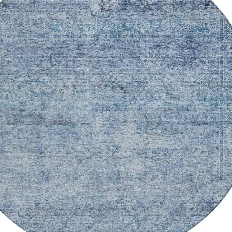 8' Blue And Ivory Round Abstract Washable Indoor Outdoor Area Rug