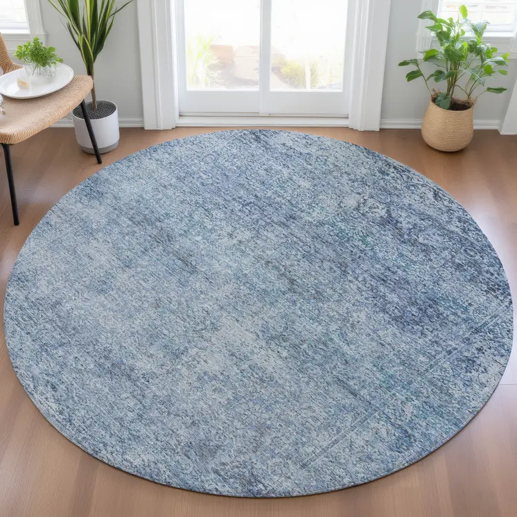 8' Blue And Ivory Round Abstract Washable Indoor Outdoor Area Rug