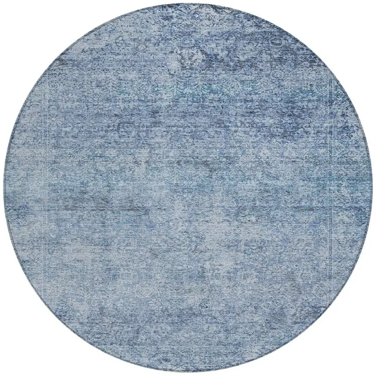 8' Blue And Ivory Round Abstract Washable Indoor Outdoor Area Rug