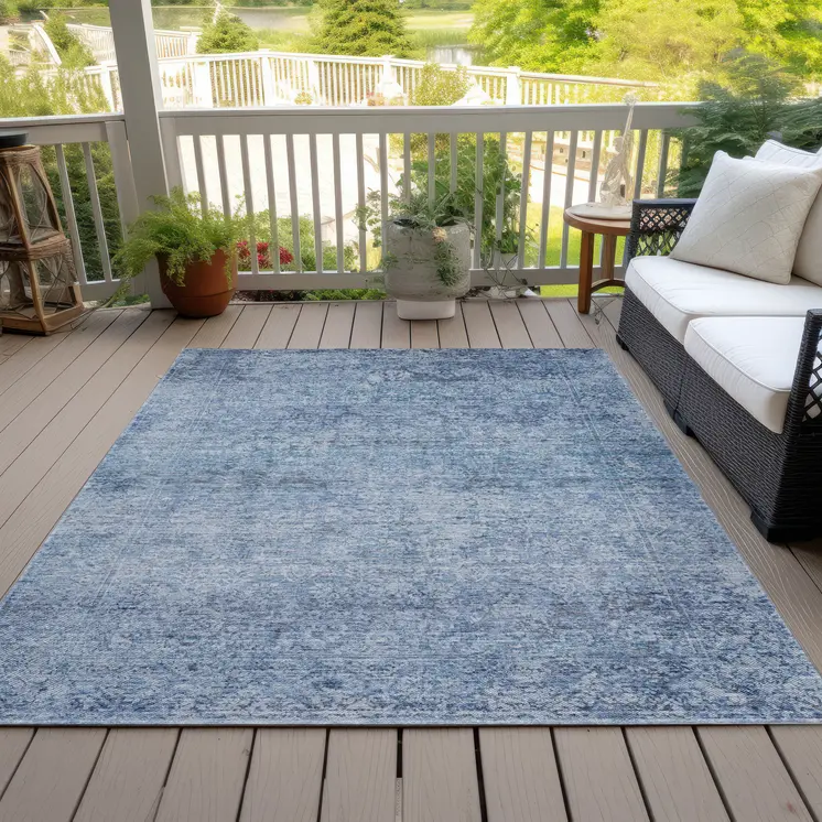 9' X 12' Blue And Ivory Abstract Washable Indoor Outdoor Area Rug
