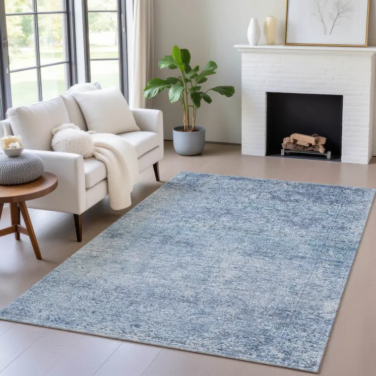 10' X 14' Blue And Ivory Abstract Washable Indoor Outdoor Area Rug