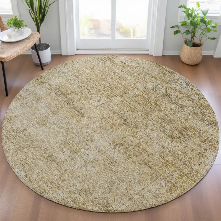8' Copper And Beige Round Abstract Washable Indoor Outdoor Area Rug