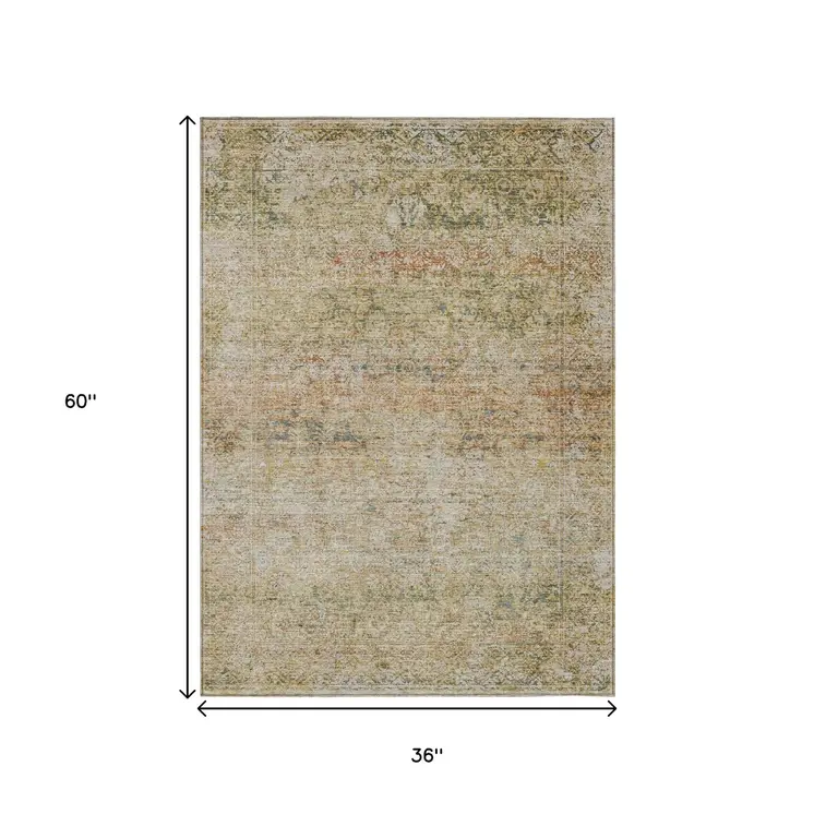 3' X 5' Gold And Beige Abstract Washable Indoor Outdoor Area Rug