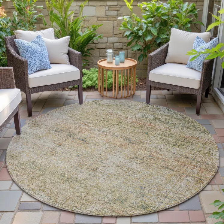 8' Gold And Beige Round Abstract Washable Indoor Outdoor Area Rug