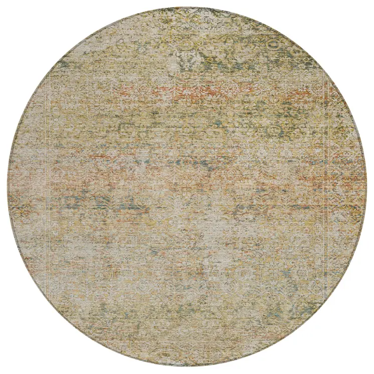 8' Gold And Beige Round Abstract Washable Indoor Outdoor Area Rug