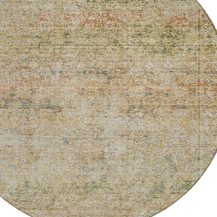 8' Gold And Beige Round Abstract Washable Indoor Outdoor Area Rug