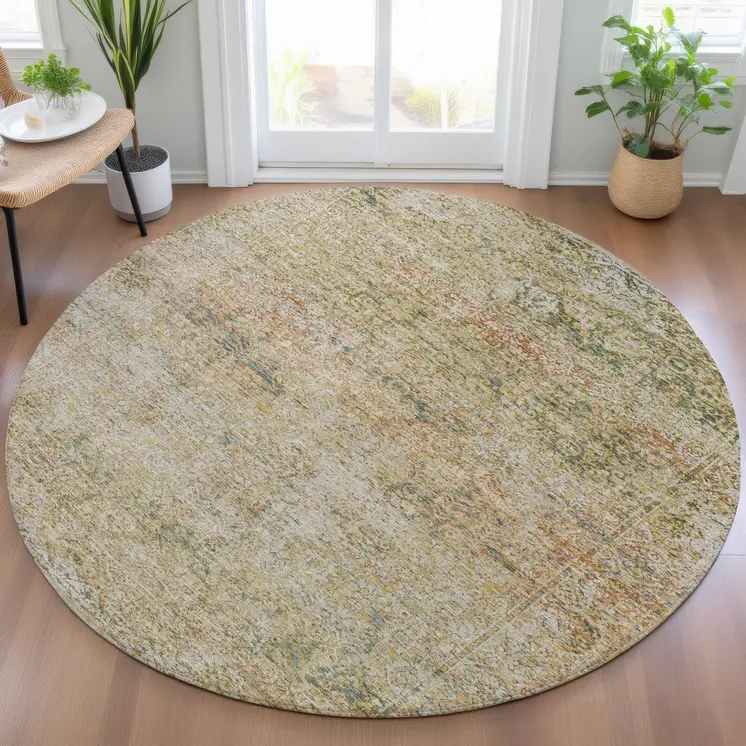 8' Gold And Beige Round Abstract Washable Indoor Outdoor Area Rug