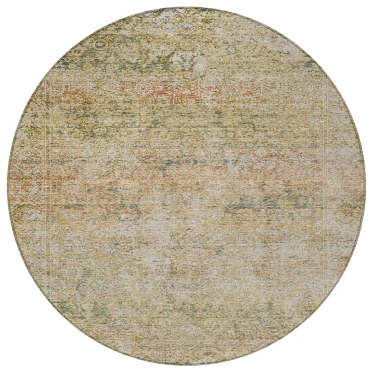 8' Gold And Beige Round Abstract Washable Indoor Outdoor Area Rug
