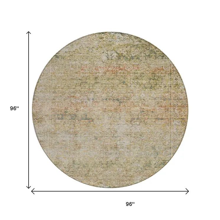 8' Gold And Beige Round Abstract Washable Indoor Outdoor Area Rug